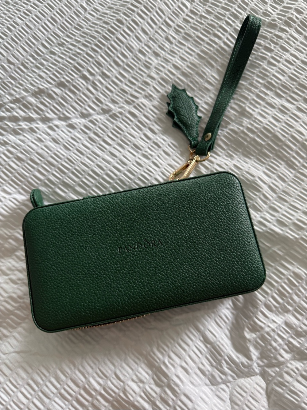 Pandora Forest Green Leather Zip Travel Jewelry Case with Wristlet